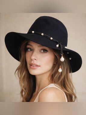 Filippo Catarzi Pearl Embellished Black Wool Fedora Hat OS